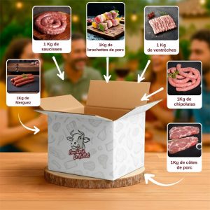 Colis Barbecue composé de 1 kg de merguez, 1 kg de chipolatas, 1 kg de saucisses fraîches, 1 kg de ventrèches de porc, 1 kg de brochettes de porc et 1 kg de côtes de porc. Boucherie Le Billot le Vernet.