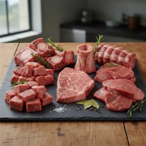 Colis Bœuf 6 kg composé de pot-au-feu, bourguignon, paleron à griller, jarret avec os, beef à griller et rôti de bœuf. Boucherie Le Billot le Vernet.