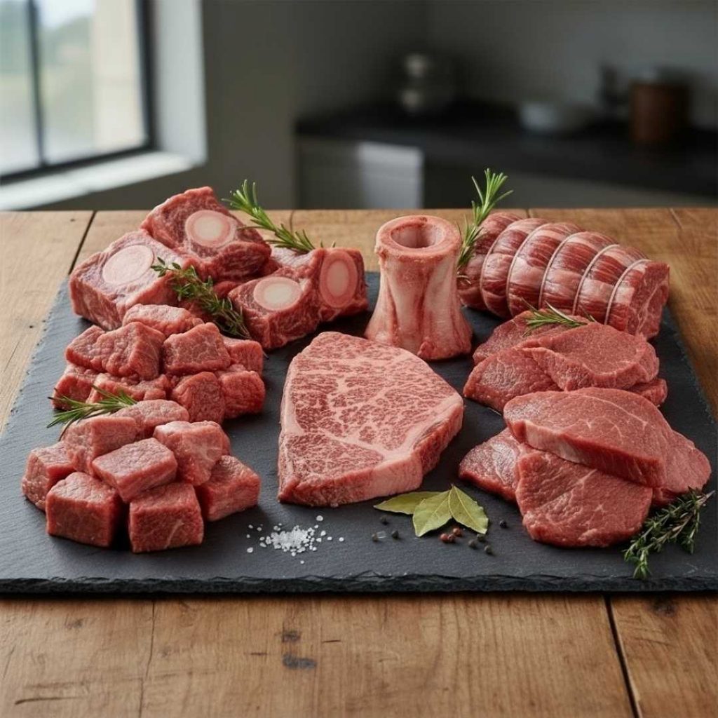 Colis Bœuf 6 kg composé de pot-au-feu, bourguignon, paleron à griller, jarret avec os, beef à griller et rôti de bœuf. Boucherie Le Billot le Vernet.