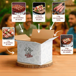 Colis brochettes d’été – assortiment de 5 kg de brochettes de bœuf, porc, veau, volaille et kefta préparées artisanalement par la Boucherie Le Billot à Saint-Alban