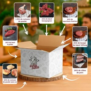 Colis Économique Hiver composé de cuisses de poulet, bœuf bourguignon, saucisses fraîches, beef à griller, burger de bœuf 15 % MG, côtes de porc et cuisses de poulet sans os. Boucherie Le Billot le Vernet.