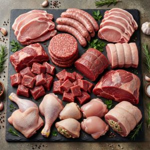 Colis Gargantua d’Hiver composé d’escalopes de porc, saucisses fraîches, côtes de porc, rôti de porc, bourguignon, burger de bœuf 15 % MG, rôti de bœuf, fondue bourguignonne, beef, cuisses de dinde, cuisses de poulet, cuisses de poulet farcies, cuisses de poulet désossées et rôti de dinde farci. Boucherie Le Billot le Vernet