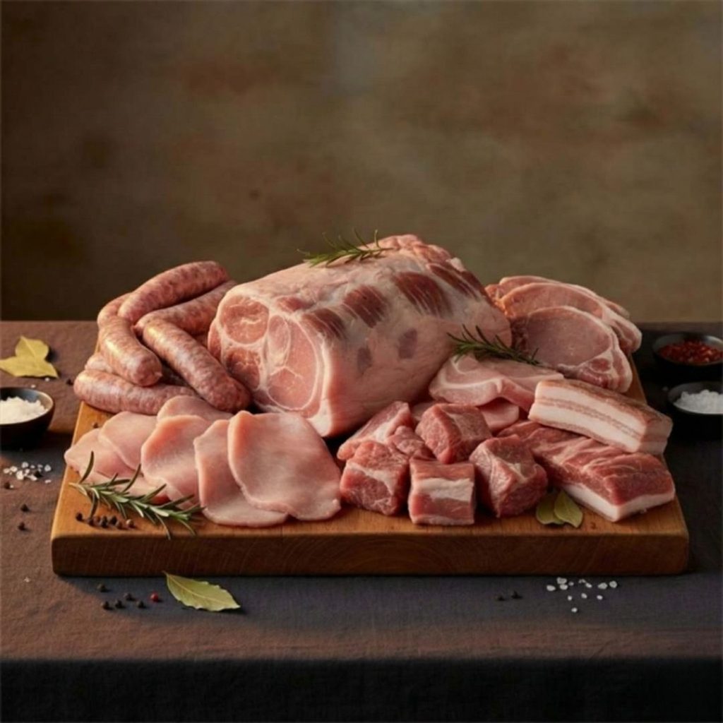 Colis Porc d’Hiver 6 kg composé d’escalopes, sauté de porc sans os, saucisses fraîches, ventrèche tranchée, côtes de porc et rôti d’épaule. Boucherie Le Billot le Vernet.