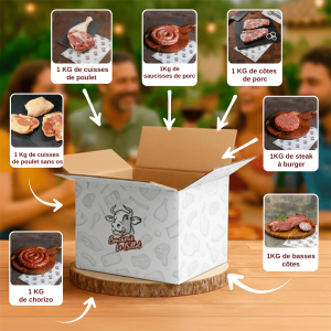 Colis économique d’été – Boucherie Le Billot le Vernet. Sélection de viandes françaises : cuisses de poulet, saucisses, côtes de porc, steak à burger, chorizo et basses côtes.