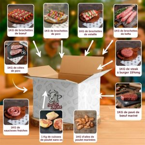 Colis Gourmand d’Été composé de brochettes de bœuf, brochettes de porc, brochettes de volaille, brochettes de kefta, côtes de porc, steak à burger 15% MG, pavé de bœuf mariné, saucisses fraîches, cuisses de poulet sans os et ailes de poulet marinées. Boucherie Le Billot le Vernet.