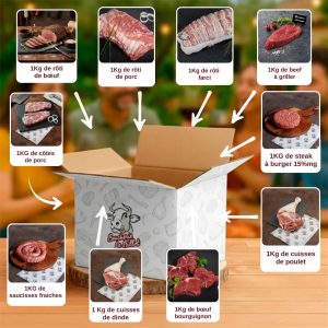 Colis Gourmand d’Hiver composé de rôti de bœuf, rôti de porc, rôti farci, beef à griller, steak à burger 15 % MG, côtes de porc, saucisses fraîches, cuisses de dinde, bœuf bourguignon et cuisses de poulet. Boucherie Le Billot le Vernet